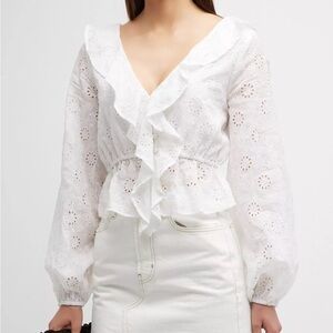 FRAME Denim Shirt broderie anglaise ruffled blouse White Eyelet Long Sleeve Sz L